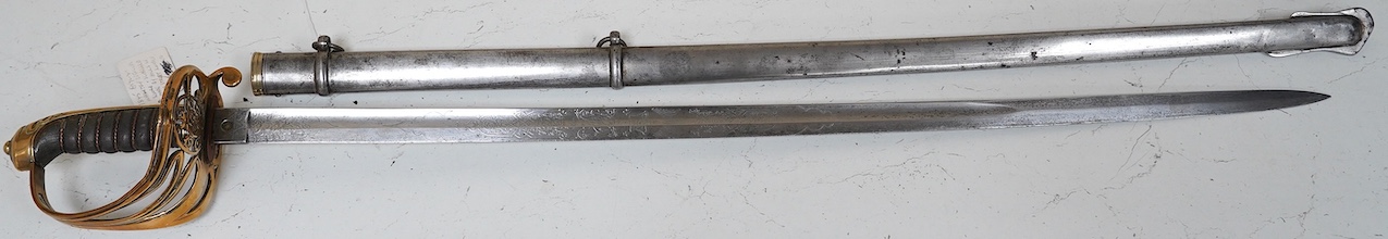 A Victorian 1845 pattern British Infantry Officer’s sword, by Hills Brothers of Old Bond Street, London, solid brass hilt in its steel dress scabbard, blade 81cm. Condition - fair, generally worn.